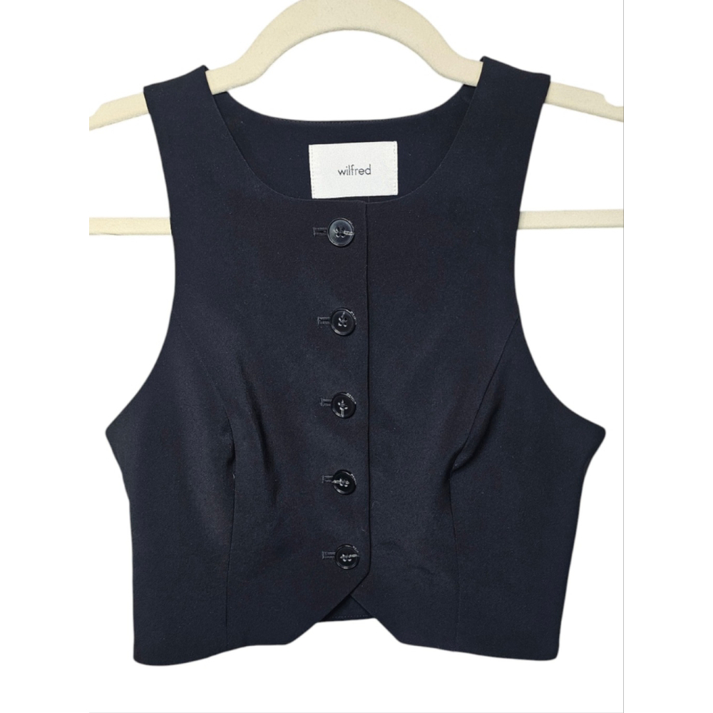 Aritzia Wilfred Vest Black Button Up Tailored Cropped NWOT Regal Crepe Size 00